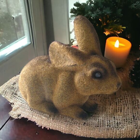 Vtg Flocked Rabbit Bank Bunny Easter REALISTIC Figural 80s Brown Fuzzy Stopper. - Picture 1 of 16